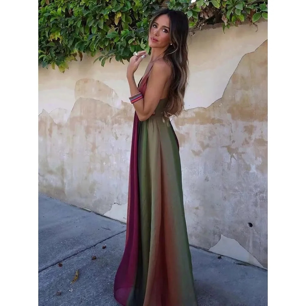 Deep V Neck Dresses for Women Sexy High Waisted Y2k Lady Elegant Party Printed Pleated Sleeveless Vacation Robes 250611