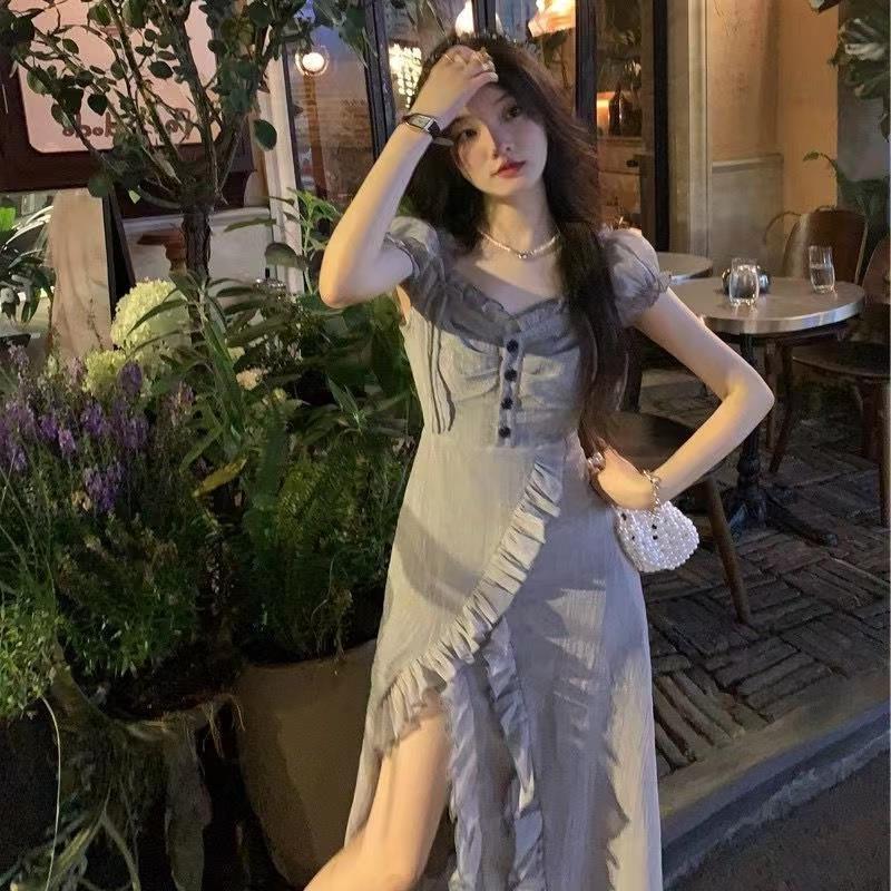 FD120 Summer Temperament Slim French Ruffle Fairy Long Dress Stunning