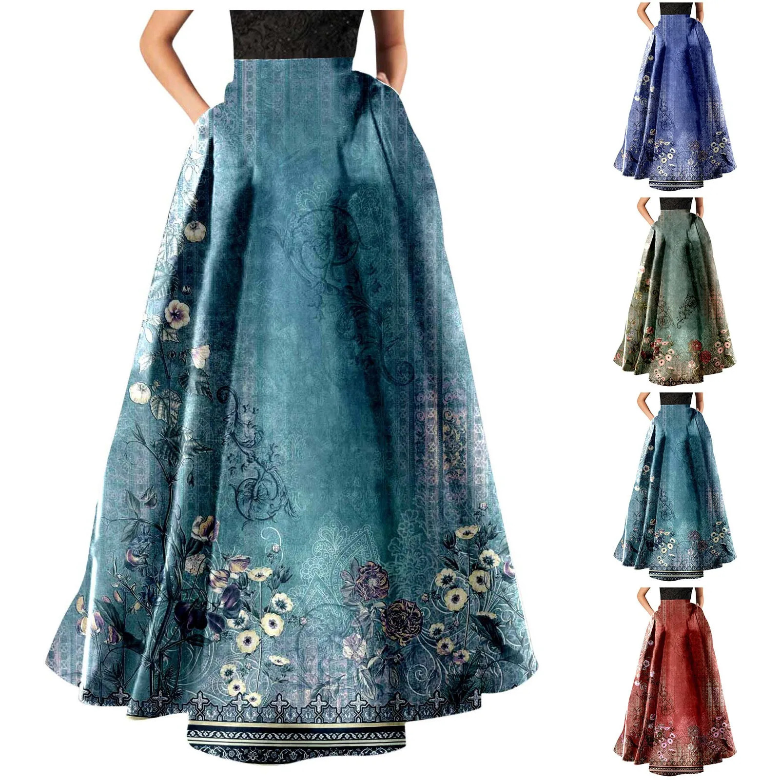Summer Bohemian Print Long Skirt Boho Holiday Floral High Waist Loose Female Beach Pleated Maxi Skirts Faldas 250610A