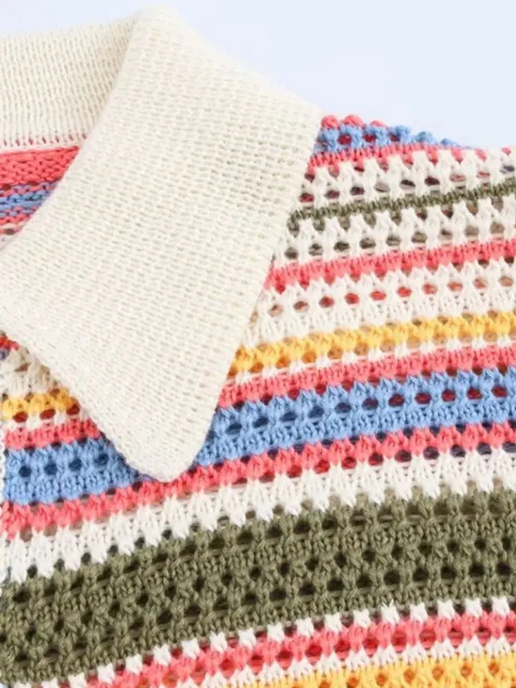 TRZAWomens Striped Crochet Knit Crop Sweater Polo Collar Short Sleeve Buttonup Female Outerwear Chic Tops Fashion 250612