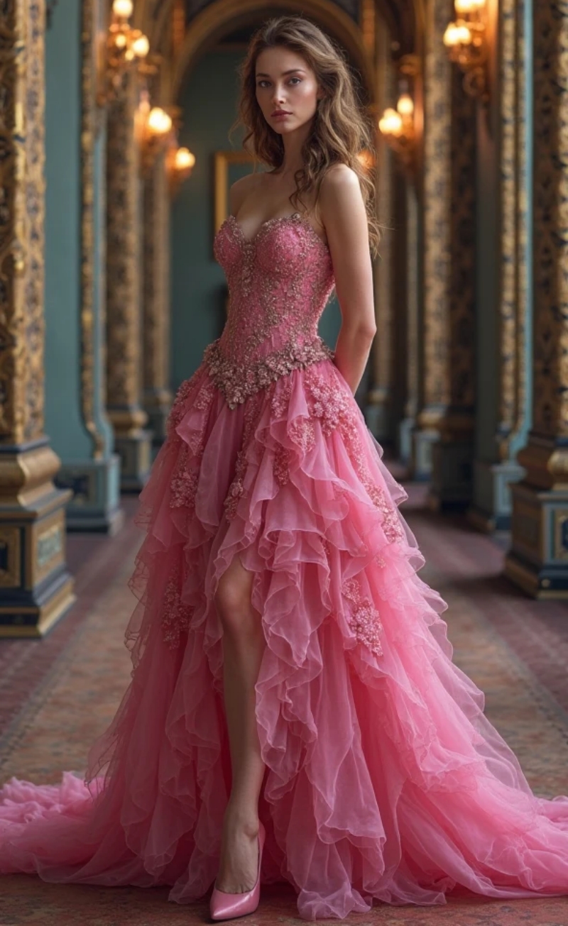 Side Slit Strapless Pink Prom Dresses Ruffles Tiered Tulle A-Line Evening Gown Lace Appliques Sweetheart Long Pageant Party Dress