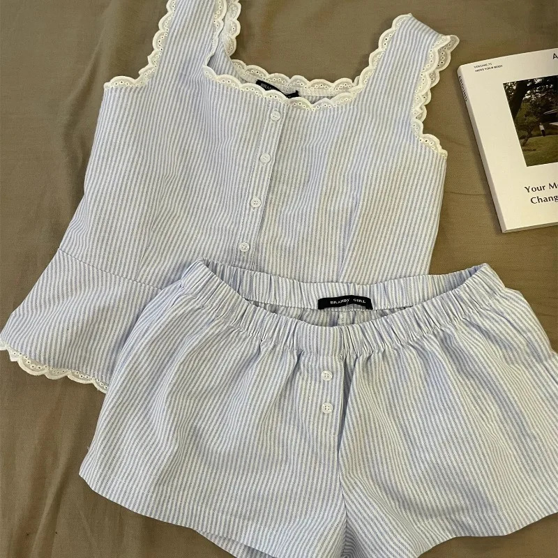 Striped Women Pajamas Summer Sleepwear Sleeveless Shorts Sets 2 Pieces Lace Night Wears Tank Korean Sleeping Home Suit 250611