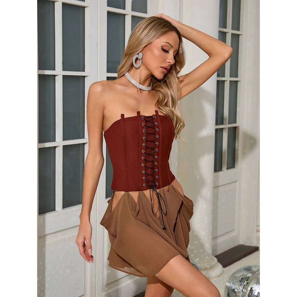 Sexy Strapless Lace-Up Design Corset Mini Dress Women Sleeveless Backless Patchwork Hollow Out Dresses Evening Party tail
