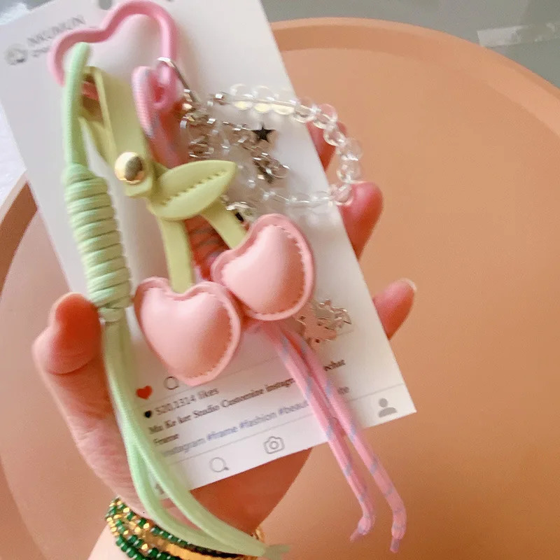 Pink Leather Cherry Braided Rope Backpack Keychain Fashion Acrylic Beaded Handbag Spring Lanyard Pendant Women Ornament Keyring 250610