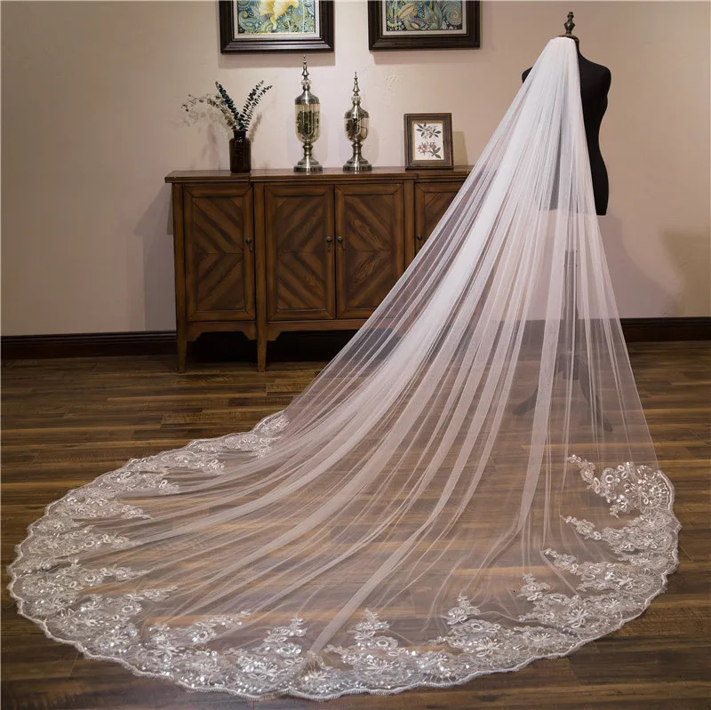 Wholesale white Ivory 3*3 Meter Cathedral wedding veils Lace Appliques Bridal veil 250603