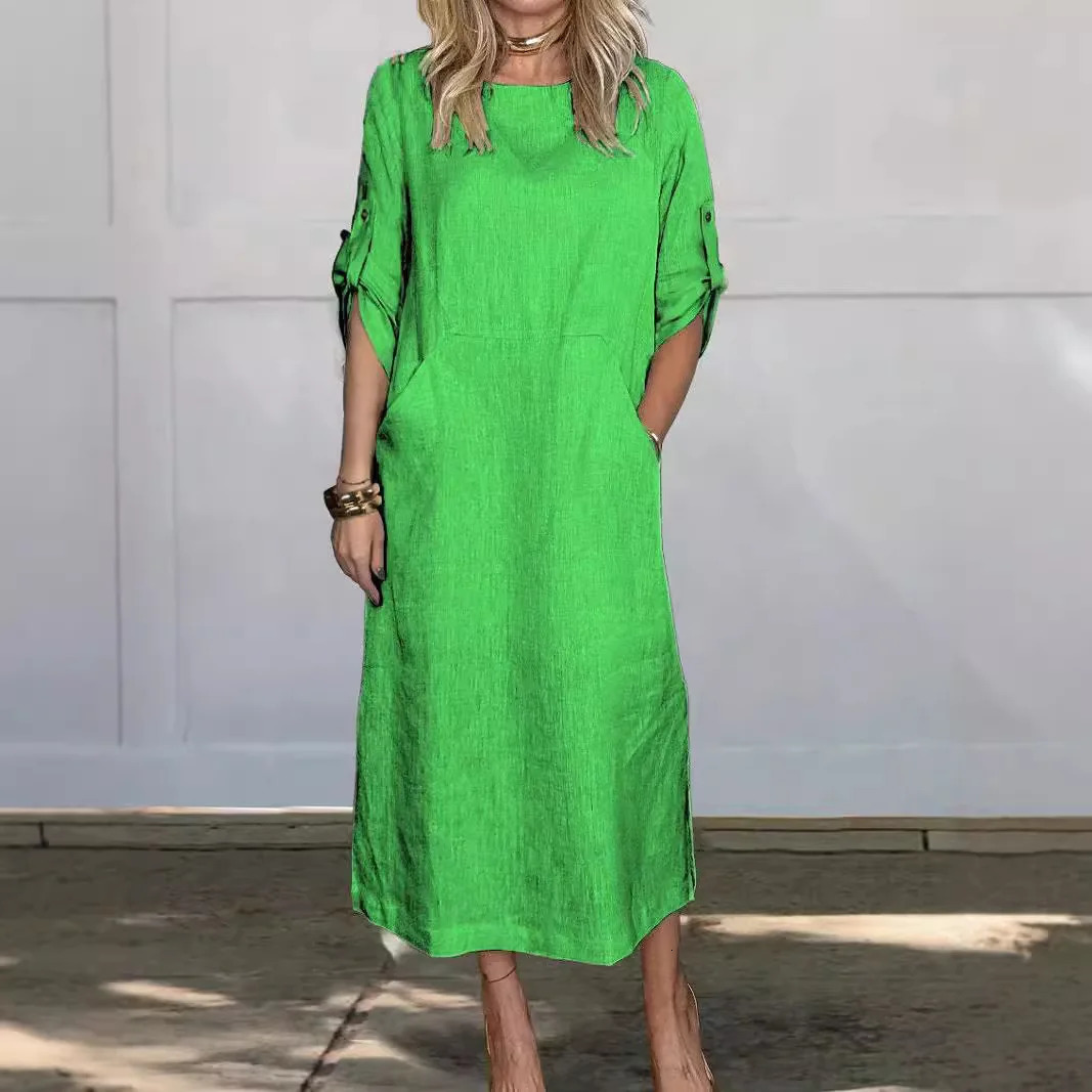 Cotton Linen Dress For Women Summer Loose Casual Solid Color Shortsleeved Pockets Long Dresses Elegant Womens Clothing 250611