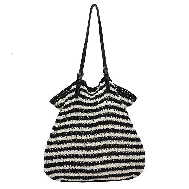 Versatile Color-Block Striped Woven Personality Fashion Shopping Beach Crochet Single Shoulder Handbag Straw Bag