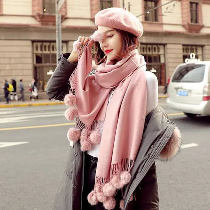 Warm Winter Wool Cashmere Pom Scarf Pink Thick With Rabbit Fur Ball Pashmina Large Stole Lady Wrap Shawl Oversize Blanket 250610