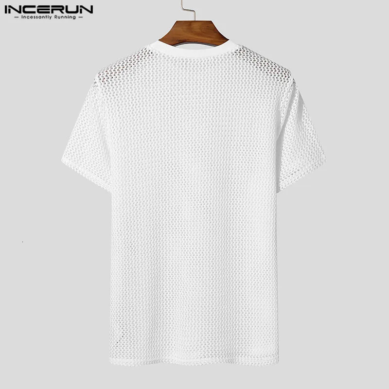 INCERUN Tops American Style Fashion Mens Mesh Hollow T-shirts Casual Summer Slightly Perspective O-neck Short Sleeved Camiseta 250614