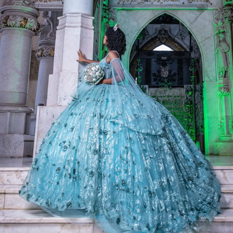 Mint Green Quinceanera Dresses Ball Gown Off The Shoulder Sequin Applique Flower Beading Crystal Tull Sweet 16 Dress Vestidos 15 De Anos