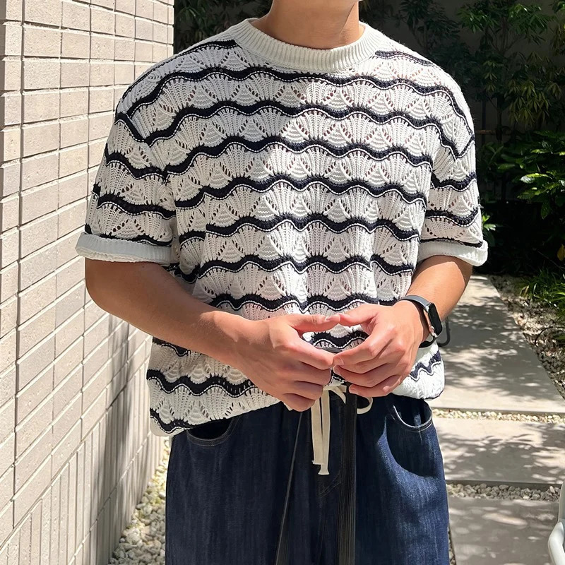 Summer Mens Knit Jacquard Short Sleeve T-shirts Striped Hollow Out Casual Tshirts Y2K Vintage Streetwear Tee Tops 250614
