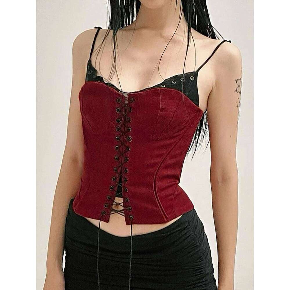 Gothic Patchwork Bandage Camis Top Dark Slim Slash Neck Sleeveless Tank Tops Women Summer Fashion Streetwear Lady