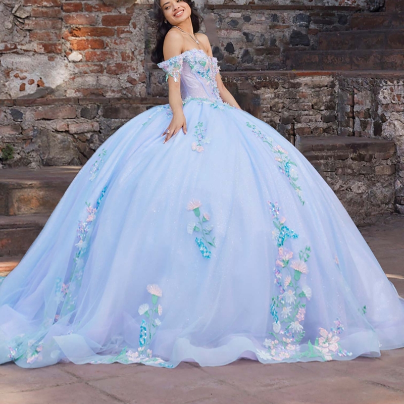Sky Blue Quinceanera Dresses Ball Gown Off The Shoulder Applique Lace Beading Crystal Tull Sweet 16 Dress Vestidos 15 De Anos