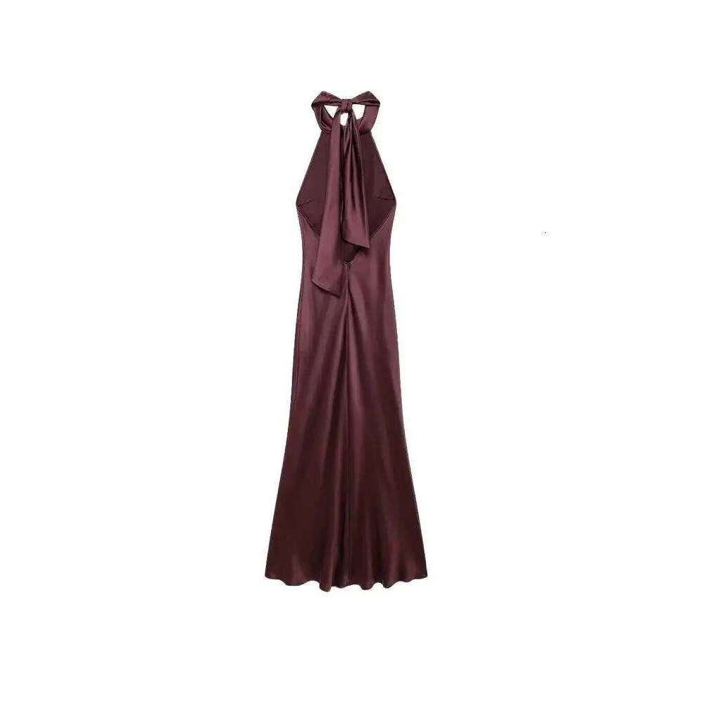 Women's Long Satin Halter Dress, Backless, Bow Tied, Back Zipper, Female Dresses, Sexy Fashion