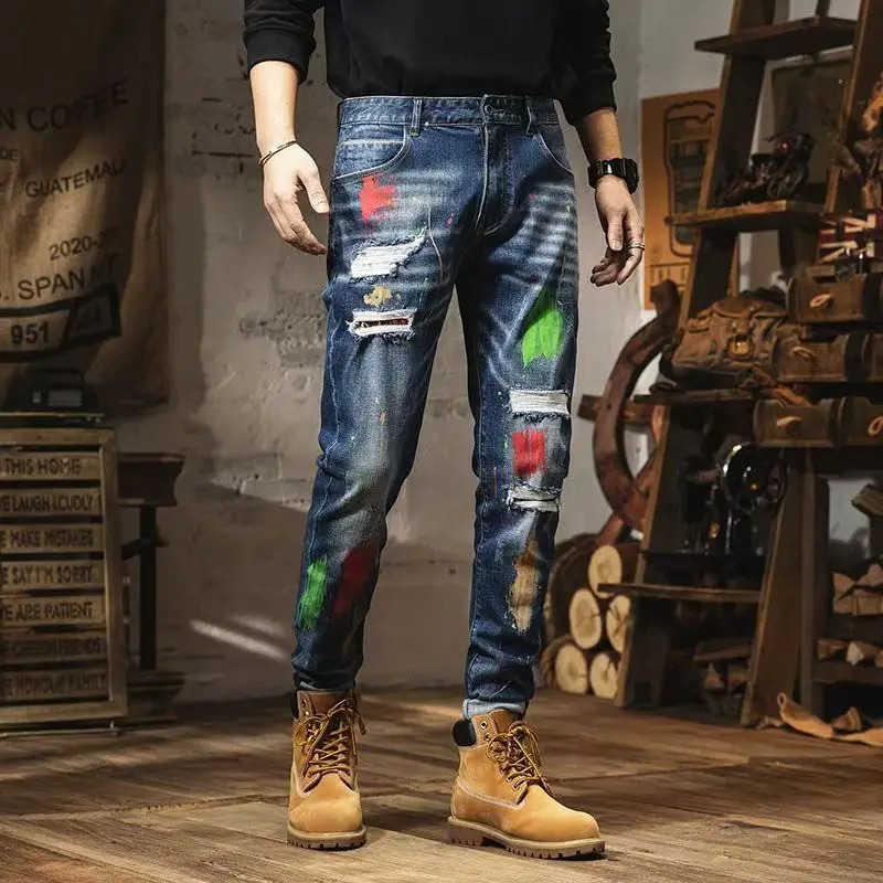 Fashion Straight Light Jeans Personality Brushed Ripped Graffiti MenS High Waist Slim Men Baggy Harem Trousers 250614