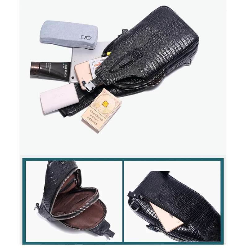 Natural Cow Men Chest Male Messenger Leather Casual Men's Travel Shoulder Bags Crocodile Pattern Crossbody Bag