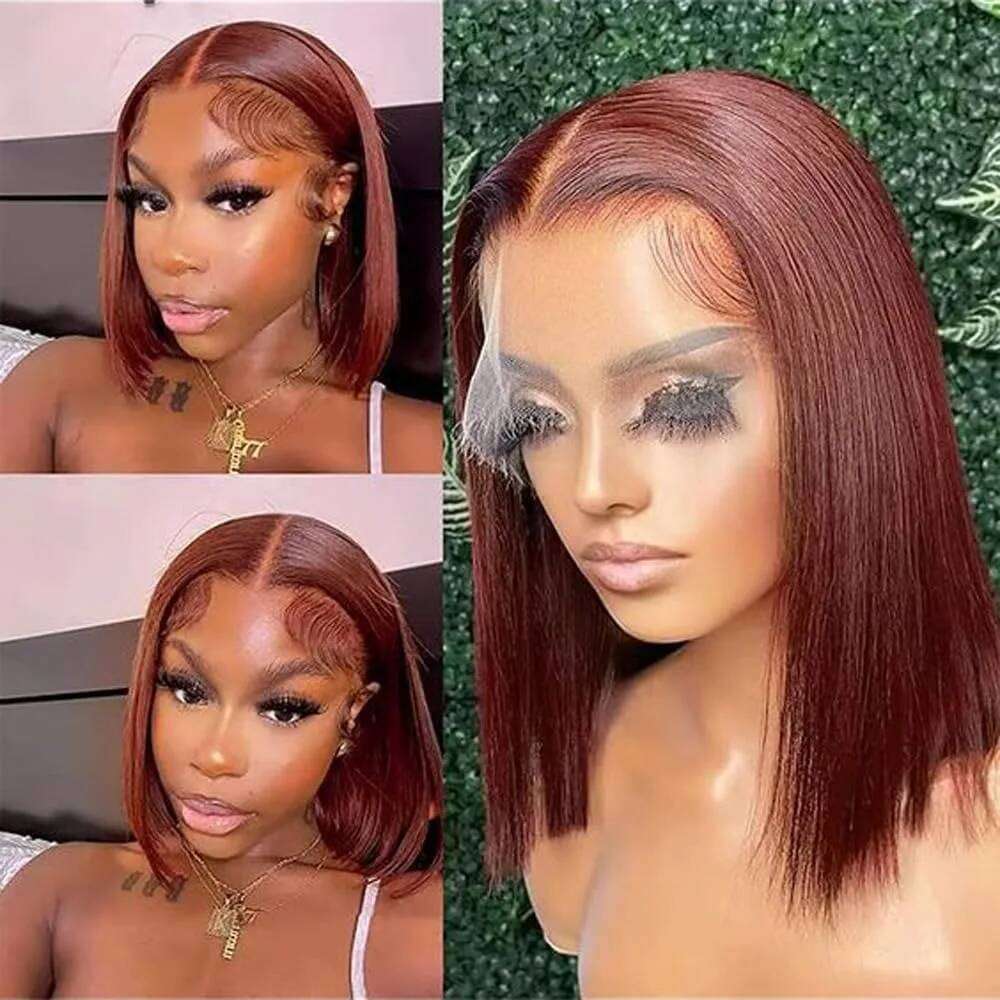 Reddish Brown Human Hair 13x4 Frontal Wig 180% Density Colored HD Transparent Short Bob Lace Front Wigs Pre Plucked