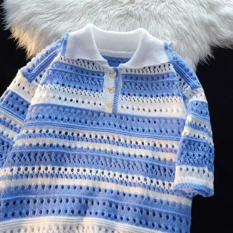 Dopamine Striped Knit Polo Shirt For Men Vintage Loose Short Sleeve Tops Fashion Hollow Out Knitting Color Blocked T-shirts 250614