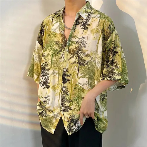 Men Street Fashion Summer Daily Shirt Hawaiian Cartoon Print Casual Loose Shirts Short Sleeve Beach Loose Tops Button Up Shirts 250609