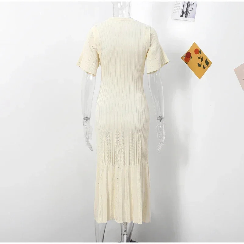 Elegant Knit Dress For Women White Slim Oneck Single Breasted Short Sleeve Long Dresses Female Spring Fashion Lady Robe 250611