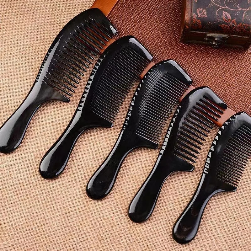 Natural Black Buffalo Ox Horn Comb Handmade Premium Quality Anti-Static Wide Fine Tooth Portable Massage Hair Comb for Women Men 250612