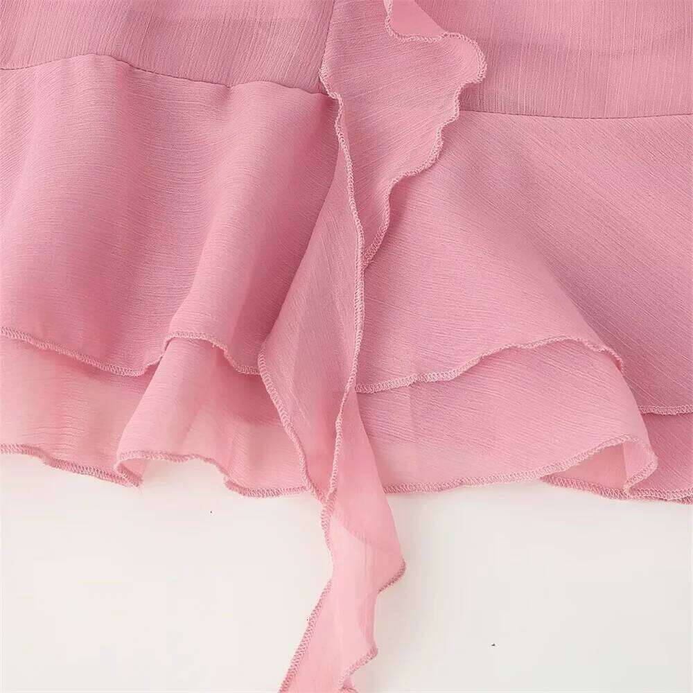 Women's Temperament Layered Ruffle Edge Lace Up Chiffon Dress Summer New V-Neck Sleeved Loose Long Skirt