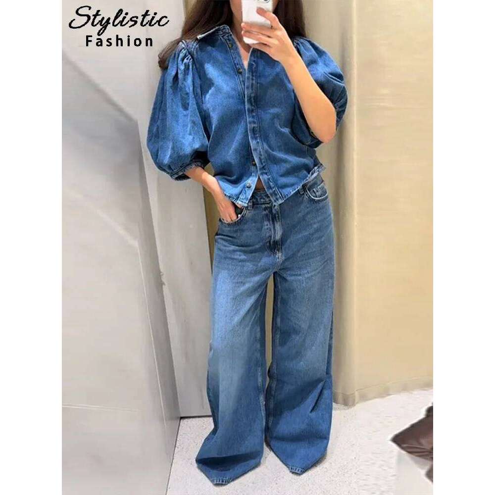 Y2k Denim Short Shirts Women Solid Lapel Half Puff Sleeve Single Breasted Pleated Top 2025 Spring Summer Fashion Streetwear Lady