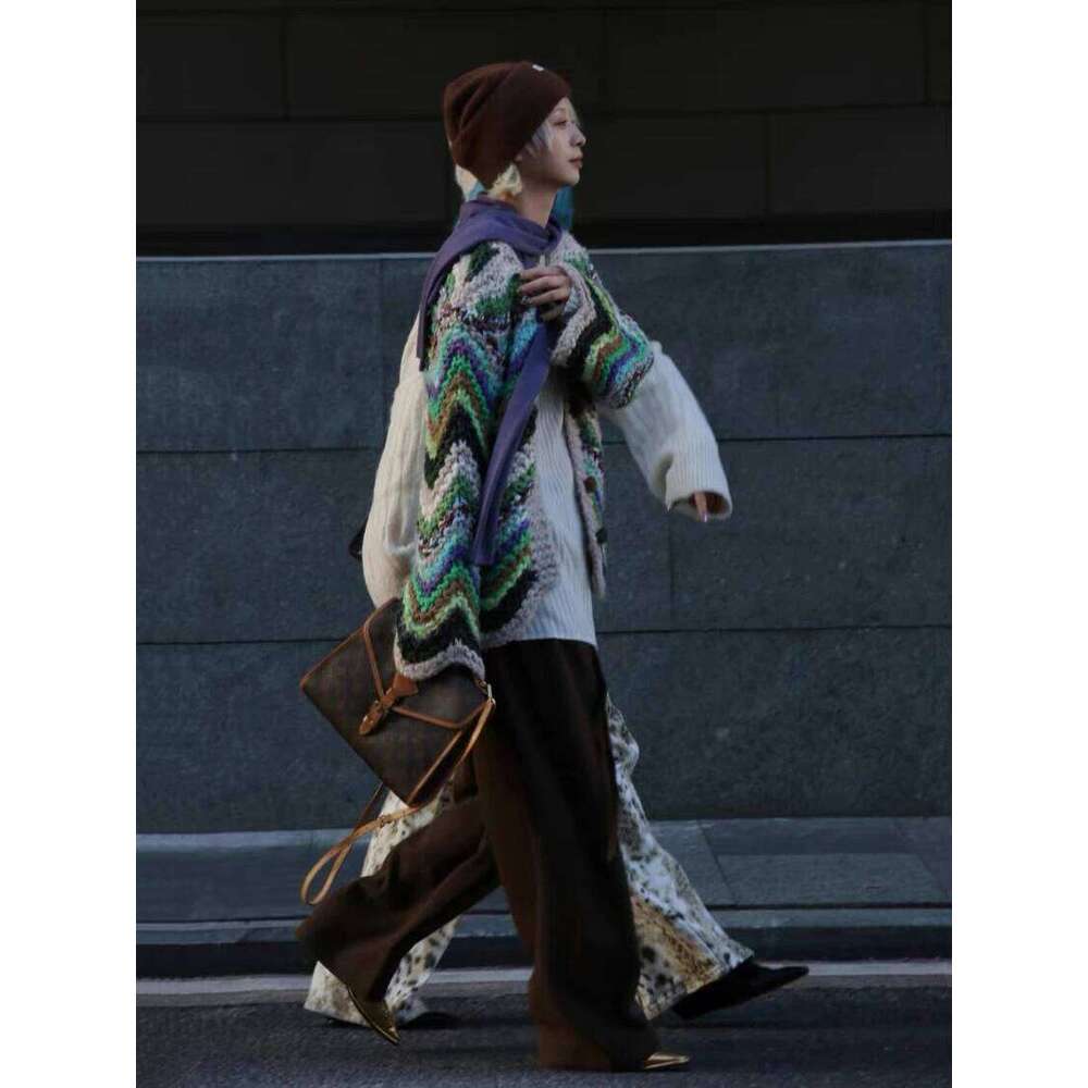 Handmade Autumn Winter Women's Rainbow Colored Sweater Cardigan Round Neck Knitted Coat C-200