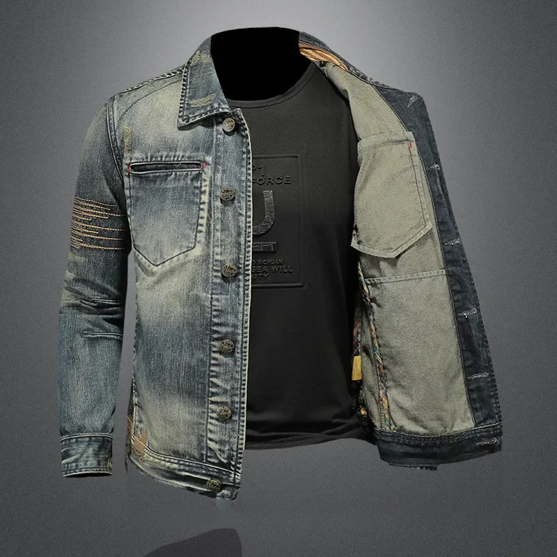 Autumn Retro Lapel Denim Jacket Mens Slim Fit Washed Fashionable and Versatile Outerwear for Young People MXXXXL 250614