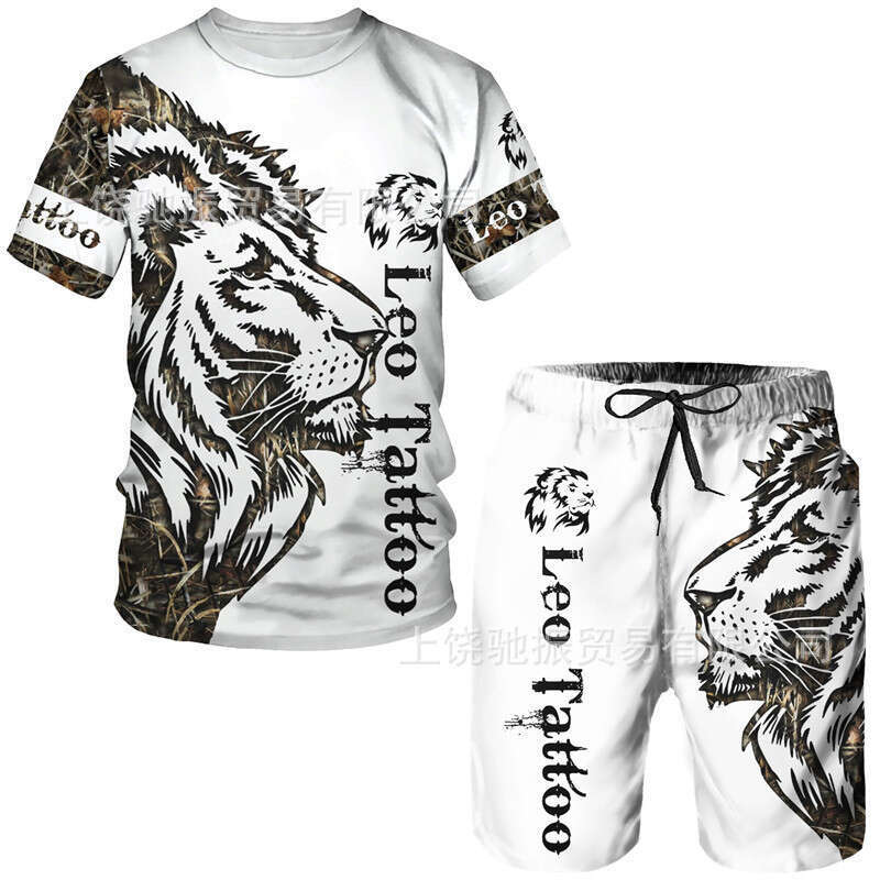24 T-Shirt 3D Digital Print Lion Tiger Pattern Men's Casual Sports Set