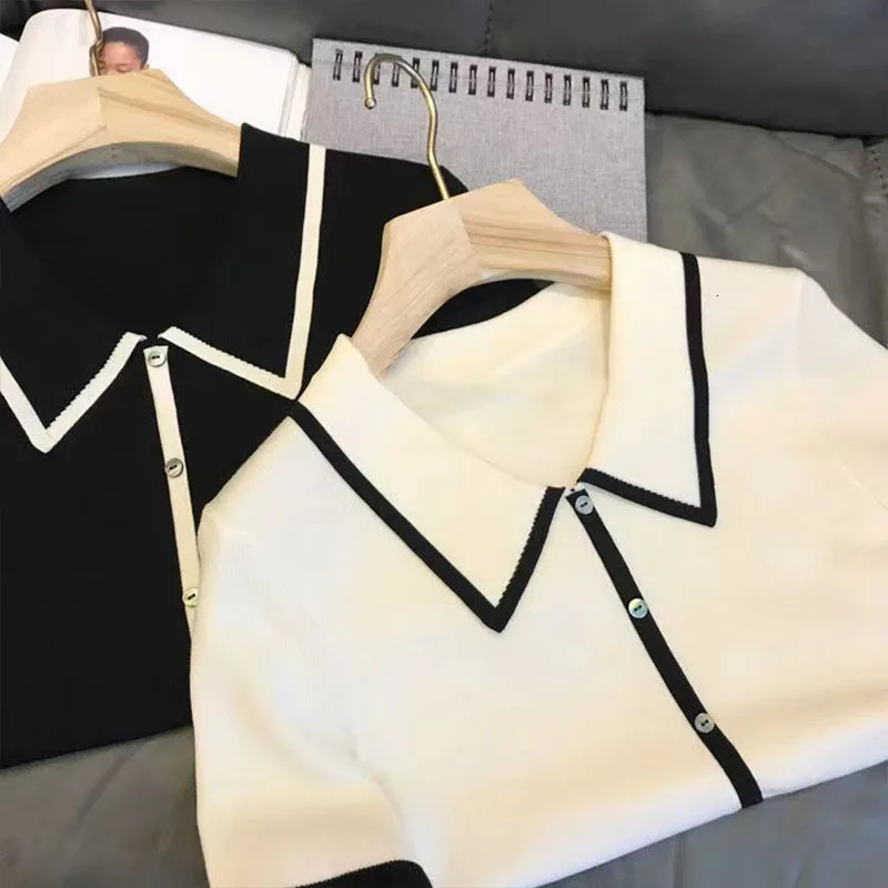 Women Fashion Black White Patchwork Polo Shirts Summer Casual Loose Short Sleeve Knit T-shirt Office Lady Chic Button Pullovers 250609
