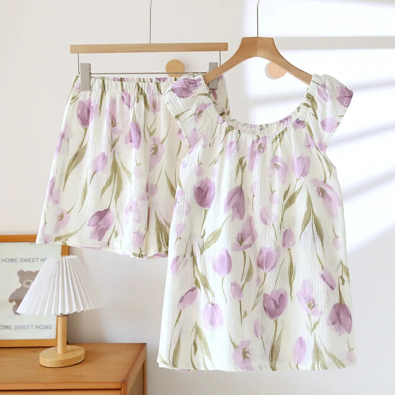 Womens Summer Pajama Set 100% Cotton Crepe VestShorts Two Piece Loose Home Clothing Sleepwear Ladies 250611