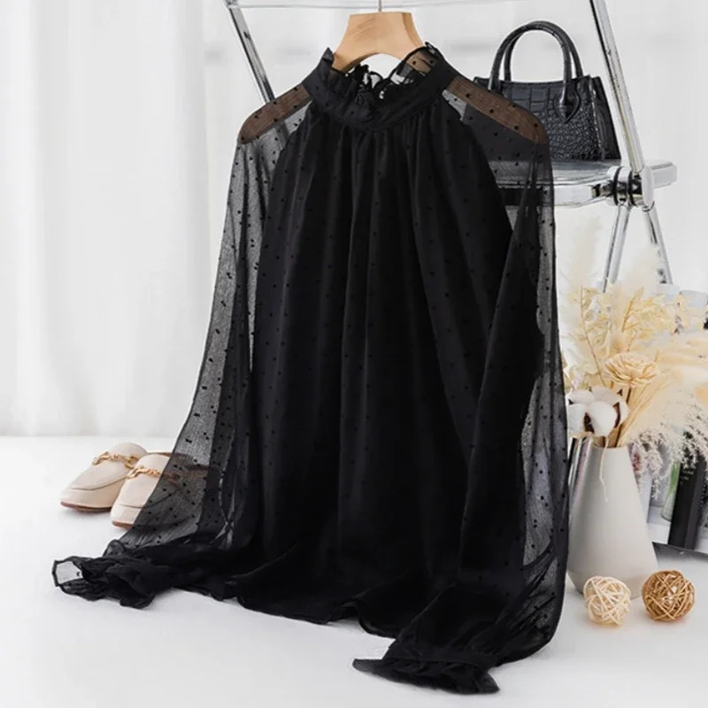 Spring Summer Black Polka Dots Mesh Womens Chiffon Blouses Long Sleeve Stand Collar Vintage Loose Shirts Female 250614