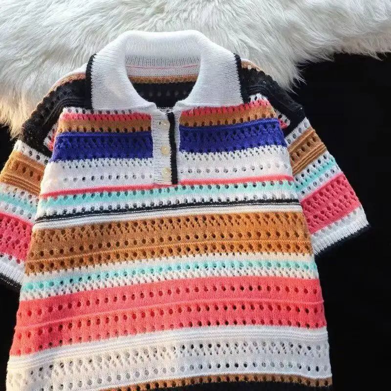 Dopamine Striped Knit Polo Shirt For Men Vintage Loose Short Sleeve Tops Fashion Hollow Out Knitting Color Blocked T-shirts 250614