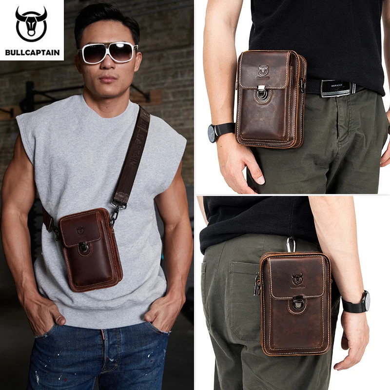 BULLCAPTAIN Crazy Horse Leather Male Waist Pack Phone Pouch Bags Bag Mens Small Chest Shoulder Belt Back YB075 250612