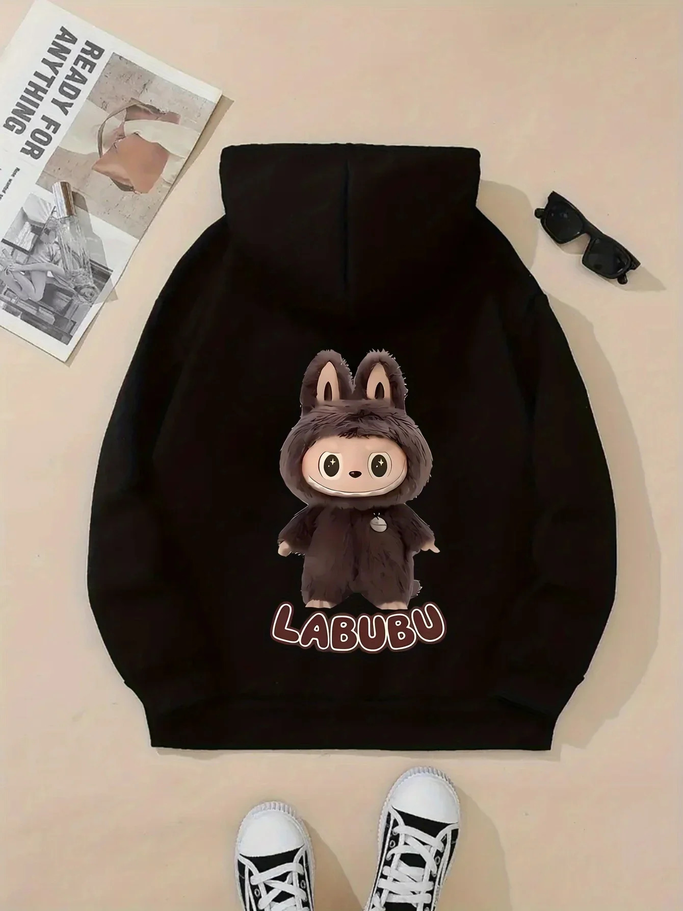 Labubu Cartoon Print Hoodie for Women Casual Polyester Pullover with Slight Stretch Alphabet Pattern Hooded Sweatshirt 250614