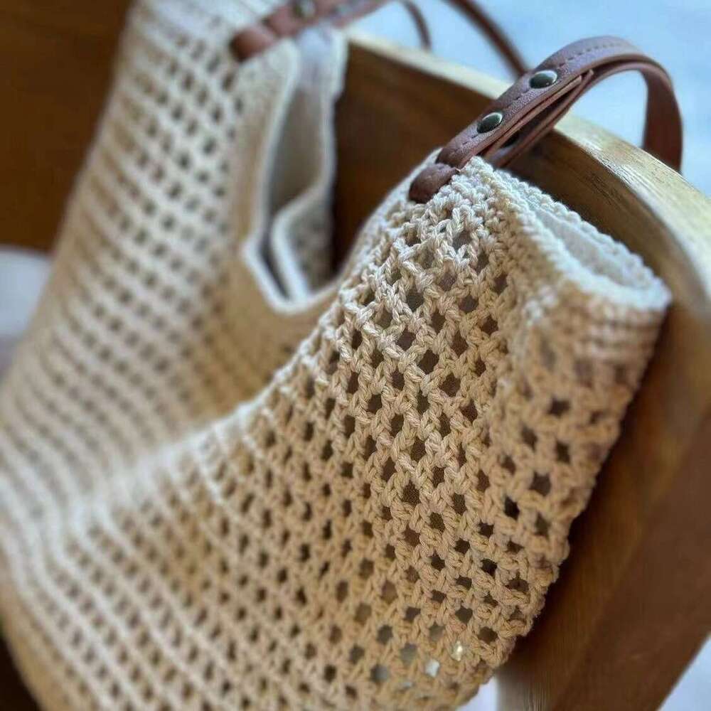 Beach Same Style Cotton 2025 New Summer Woven Hollow Handbag Niche Design Mesh Bag Women