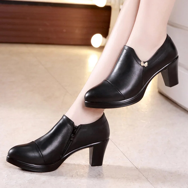Small Size 32-43 Block Heels Platform Pumps Women 2025 Fall Black Split Leather Shoes High Heels for Thin Feet Office Model Mom 250613