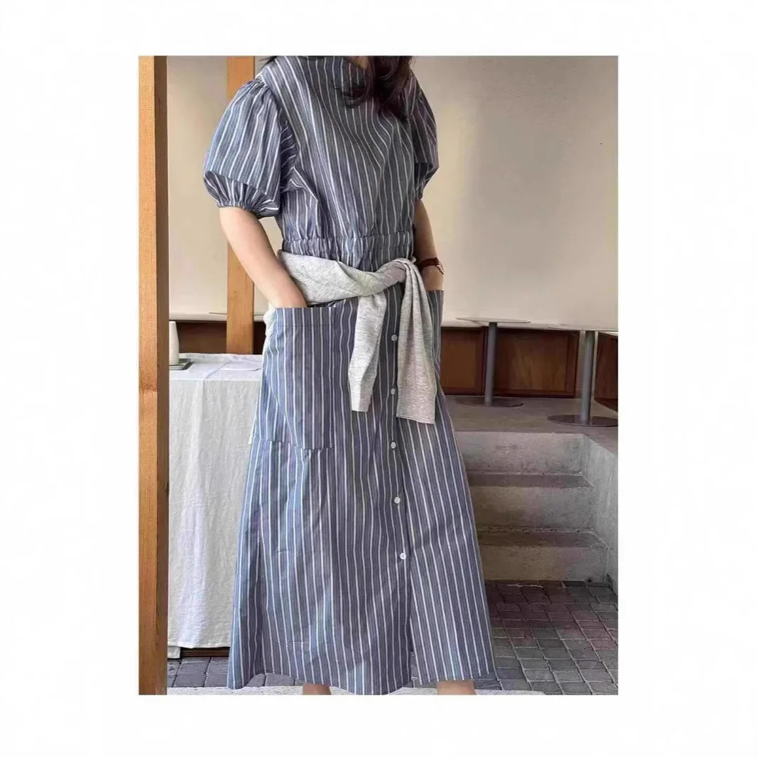 Casual Korean Style Striped Short Sleeve Loose Dress Summer Fashion Womens Ankle-length Dress Empire Waist Bubble Sleeve 250613