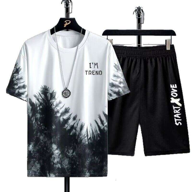 Trendy Printed Short Sleeve T-Shirt Summer New Men's Casual Set Plus Size Shorts Sports Outdoor Two-Piece