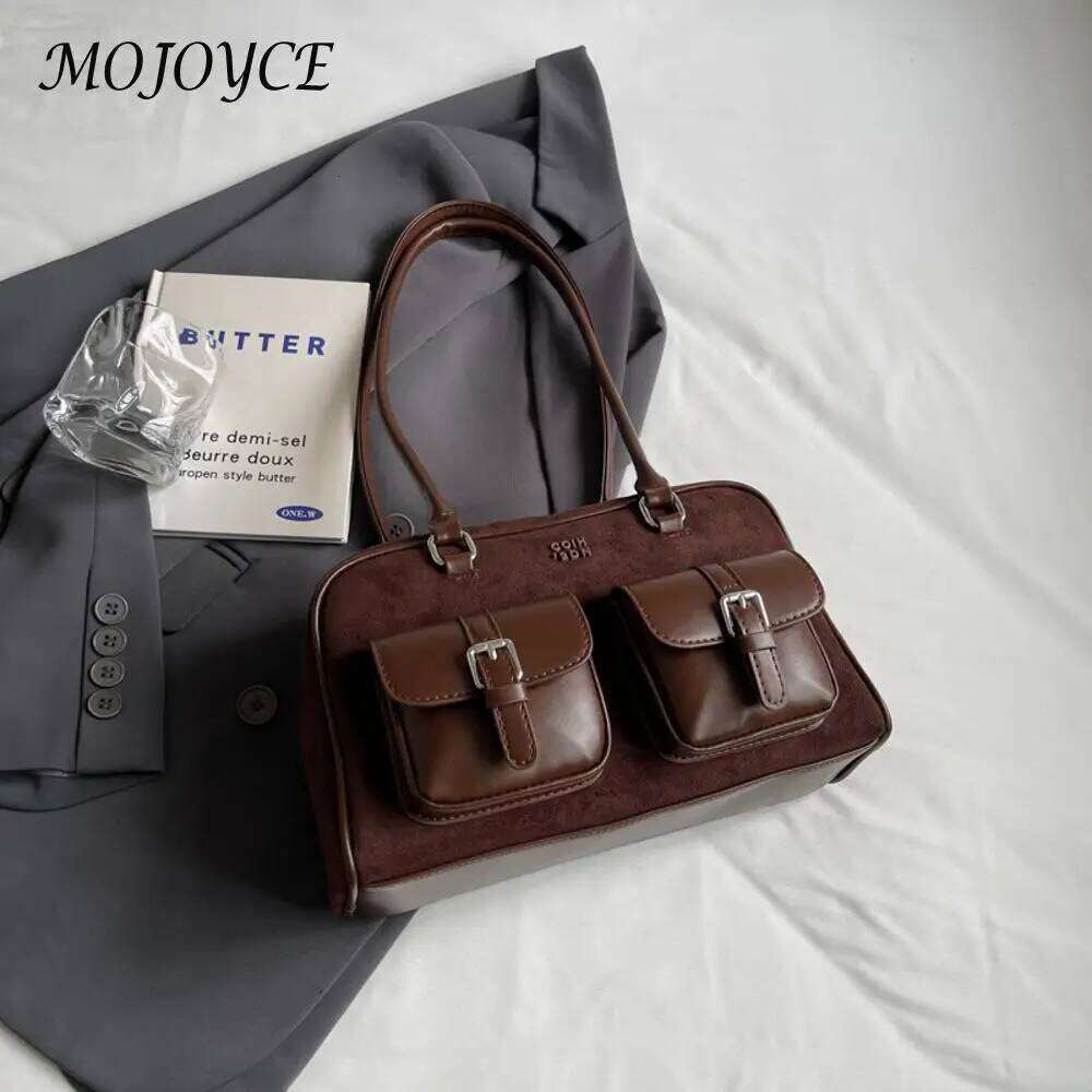 Women Retro Handbag PU Leather Casual Tote Multi-Pockets Fashion Underarm Ladies Commute Bag