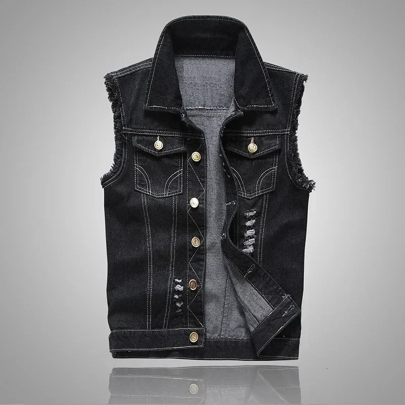Blue Denim Vests Men Casual Slim Button Sleeveless Denim Jackets Turn-down Collar Jean Vest for Men Spring Summer Outwear 250614
