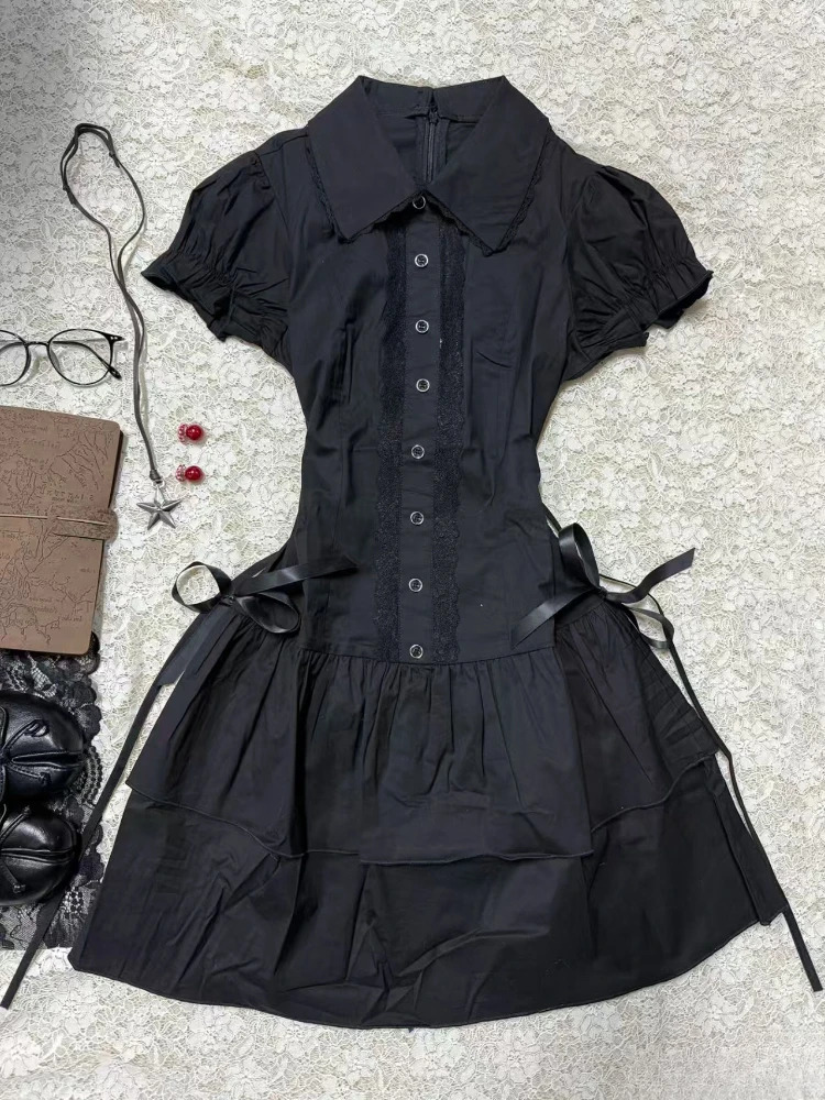 Vintage Black High Street Patchwork Dress Women Summer Gothic Slim Bow Short Sleeve Dresses Female Fashion Retro Lapel Outfits 250611