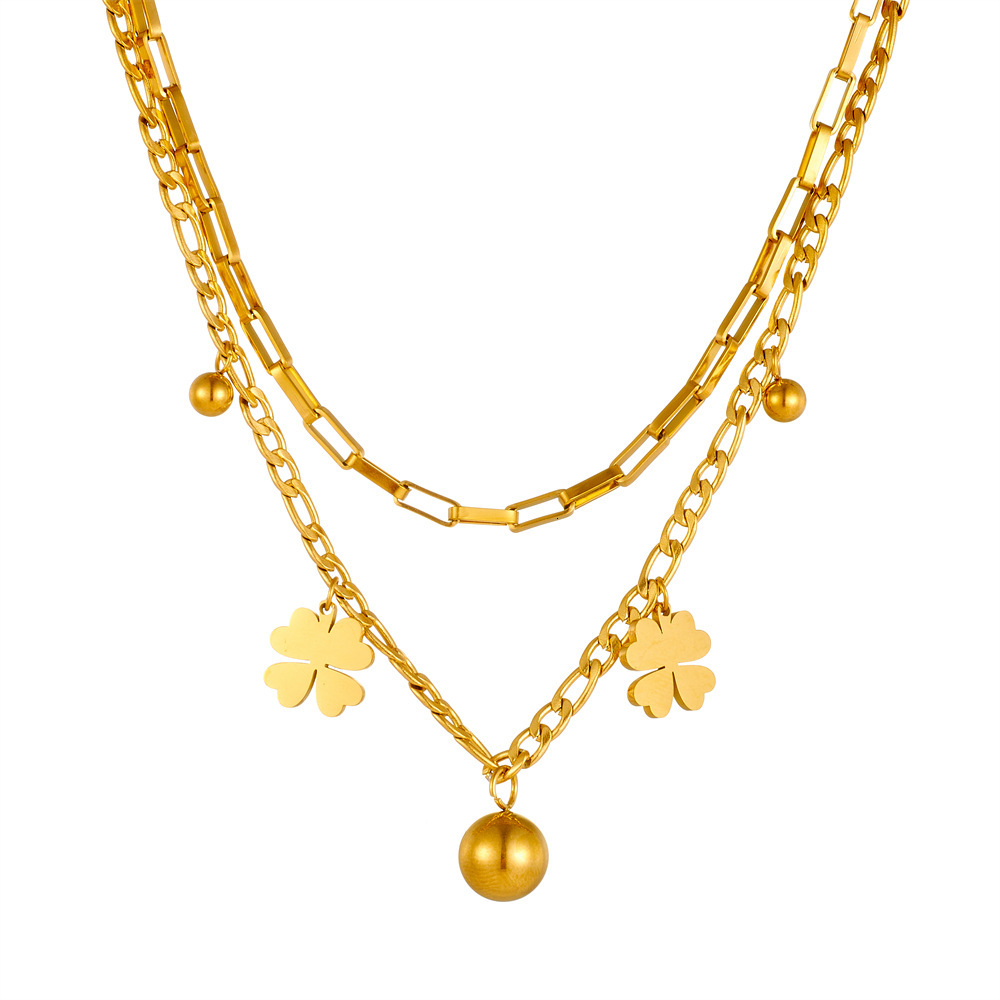 New Double Layer Gold Round Ball Stainless Steel Pendant Four-Leaf Clover Necklace Set Non-Fading Multi-Layer Jewelry
