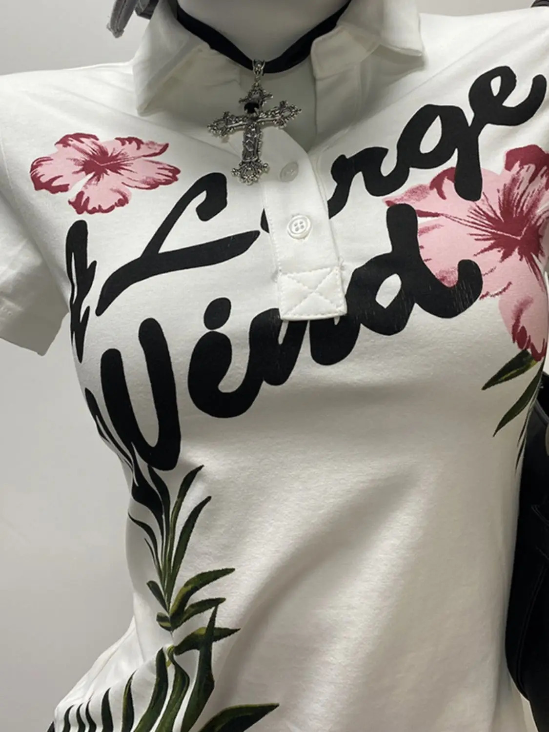 American Sweetwear Vintage Petal Printed Polo Shirts Short sleeved T-shirt for Womens 2025 Summer Harajuku Ladies Y2k Tops 250609