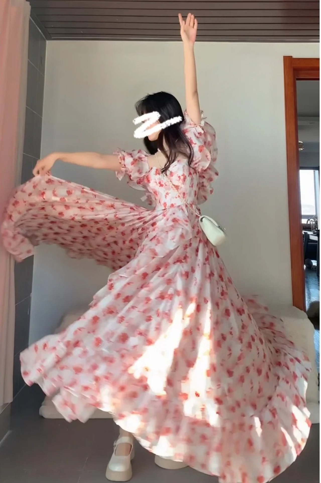 PD171 Pink square neck strapless floral dress for women with waist and wide swing, seaside holiday style long dress