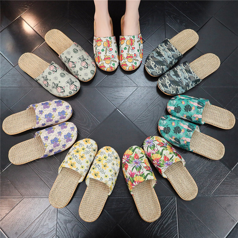 Four season linen slippers, fashionable printed thick soled non slip shoes, sweat absorbing and wear-resistant large soled designer sandals
