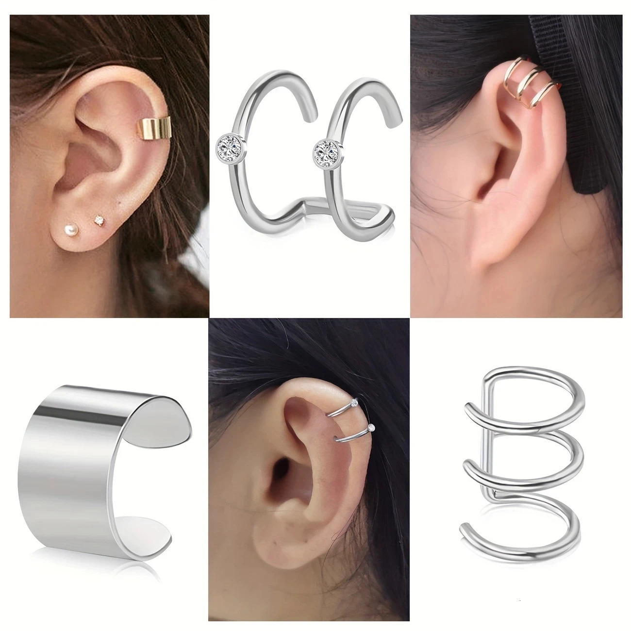 9pcs Stainless Steel Ear Cuff Set Rhinestone Non-Pierced Helix Earrings Simple Style Ear Clips for Men Women Daily Holiday Wear 250610
