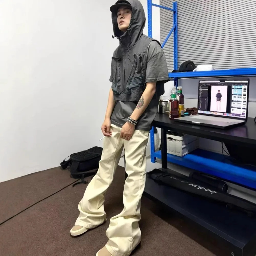 High Street Ro Style Dark Denim Pants Mens Elasticity Floor Mopping Beige Brushed Horn Jeans Slim and Wide Leg Pants 250614