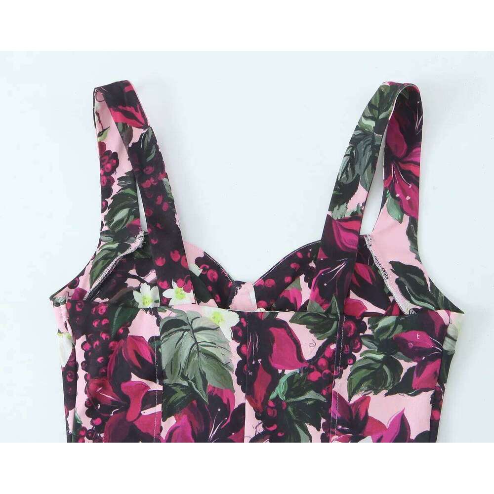 Womens Sleeveless Wide Strap Heart Shaped Neck Mid - Length Printed Dress With Wavy Hem Stylish And Graceful